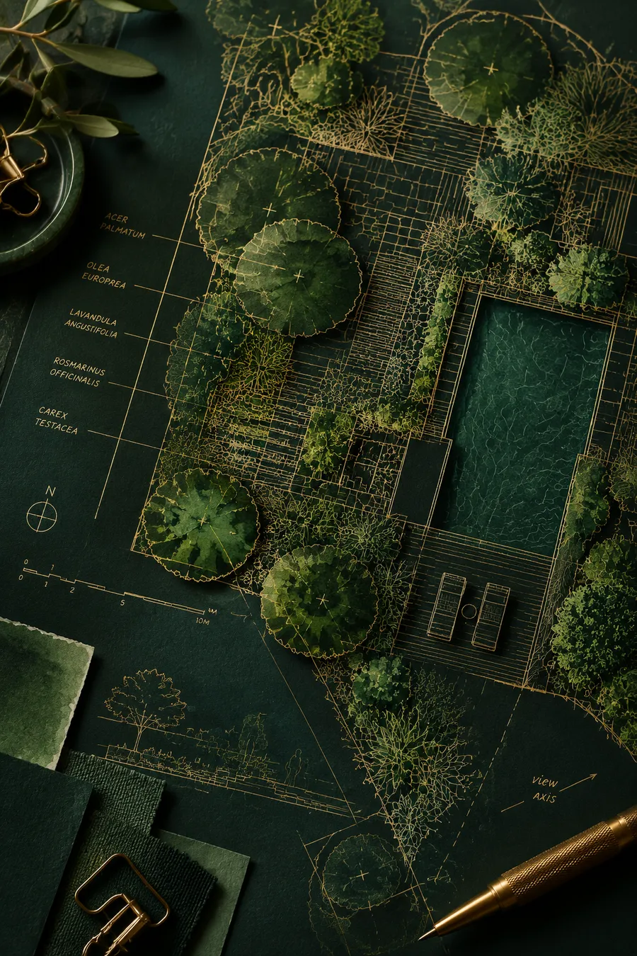 Plano de diseño de jardín dibujado a mano con anotaciones de especies