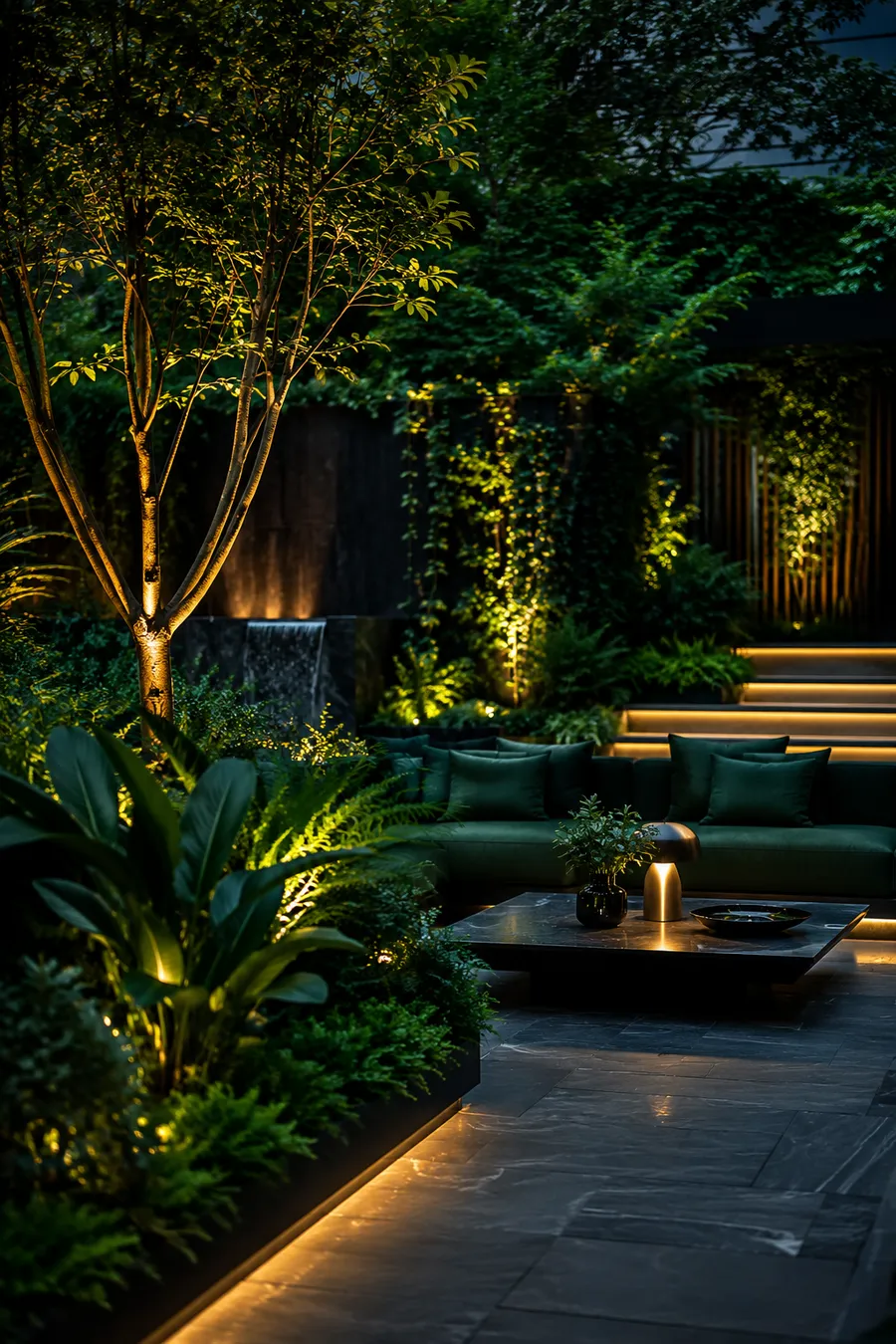 Terraza de jardín al anochecer con iluminación cálida integrada en la vegetación